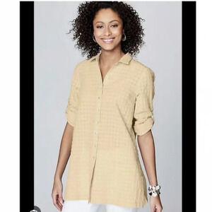 J Jill Ribbed Beige Boho Sand Dune Side Slit 3/4 Sleeve Tunic Blouse Size Medium